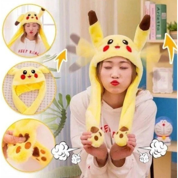 Светящаяся шапка с подвижными ушами Пикачу Pikachu жёлтая для весны и осени