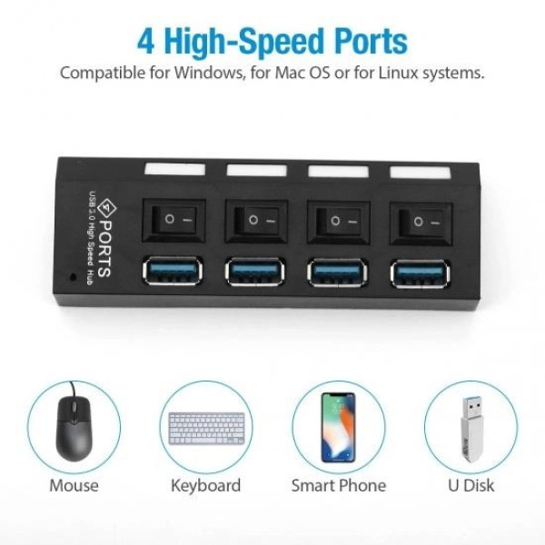 USB 3.0 хаб-разветвитель Memos с 4 портами и кнопками включения для зарядки и синхронизации