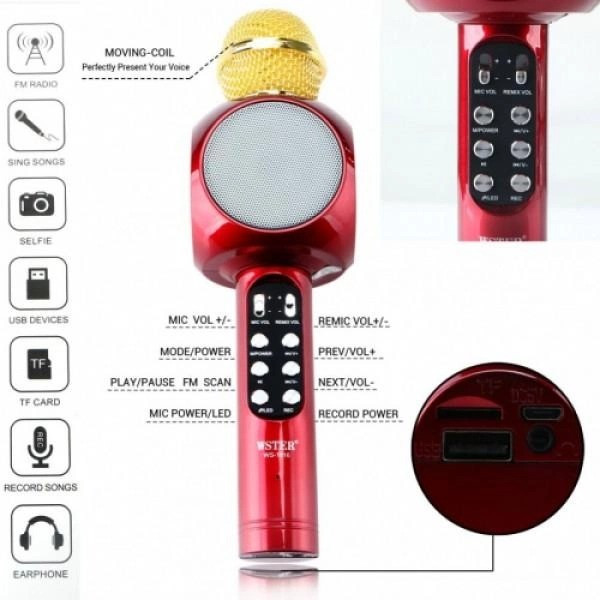 Микрофон для караоке с динамиком WSTER WS-1816 Bluetooth USB AUX FM беспроводной
