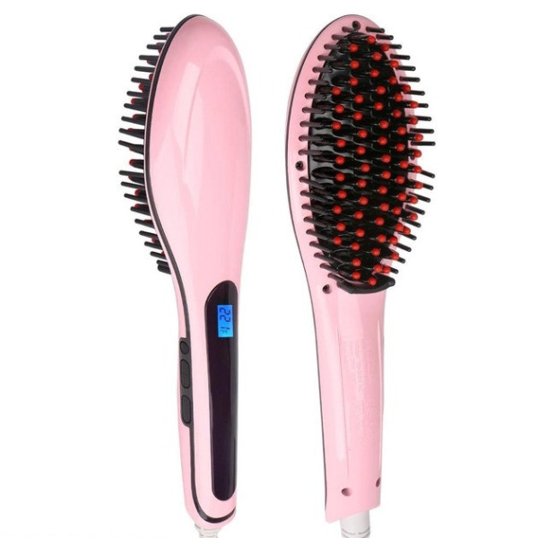 Электрическая расческа-выпрямитель FAST HAIR STRAIGHTENER HQT-906 розового цвета от сети 220 В с одной насадко