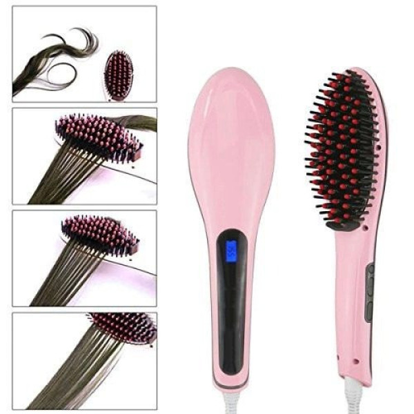 Электрическая расческа-выпрямитель FAST HAIR STRAIGHTENER HQT-906 розового цвета от сети 220 В с одной насадко