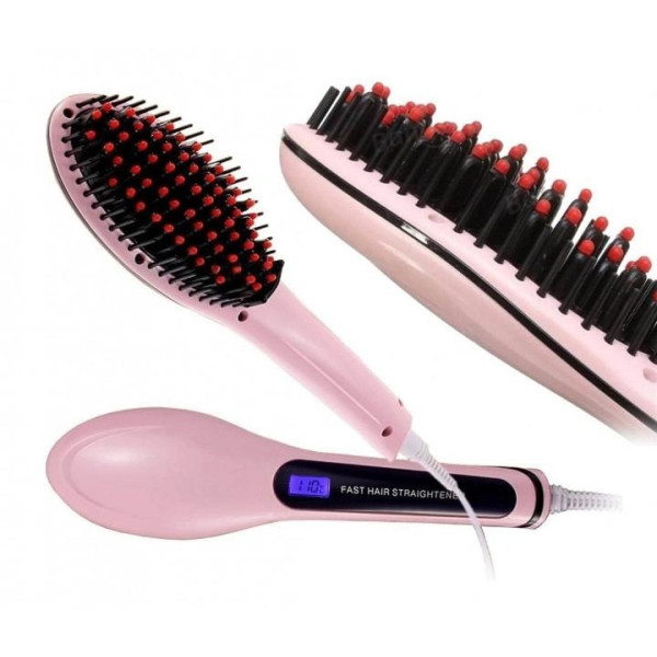 Электрическая расческа-выпрямитель FAST HAIR STRAIGHTENER HQT-906 розового цвета от сети 220 В с одной насадко