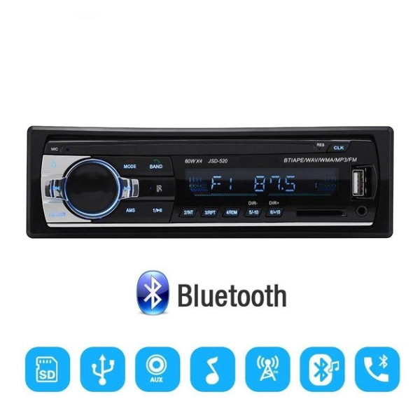 Автомагнитола Podofo JSD 520 1DIN с USB, AUX и Bluetooth, мощность 4х60 Вт, черная