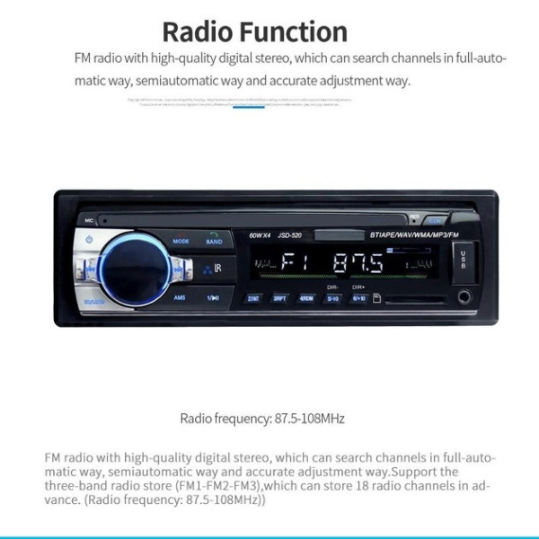 Автомагнитола Podofo JSD 520 1DIN с USB, AUX и Bluetooth, мощность 4х60 Вт, черная