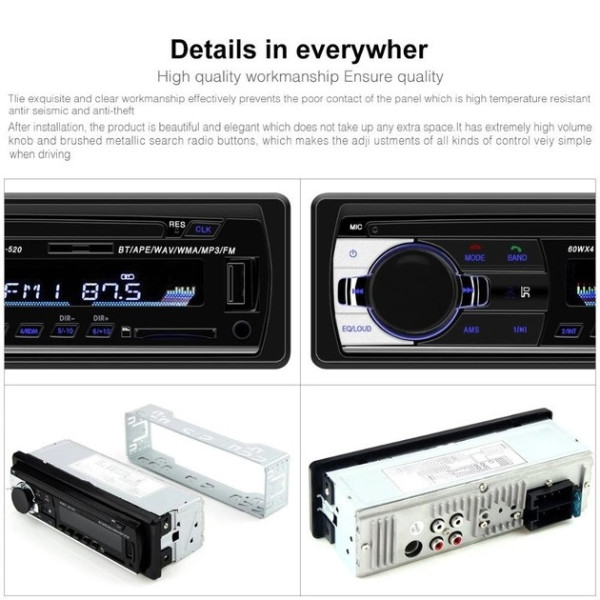 Автомагнитола Podofo JSD 520 1DIN с USB, AUX и Bluetooth, мощность 4х60 Вт, черная