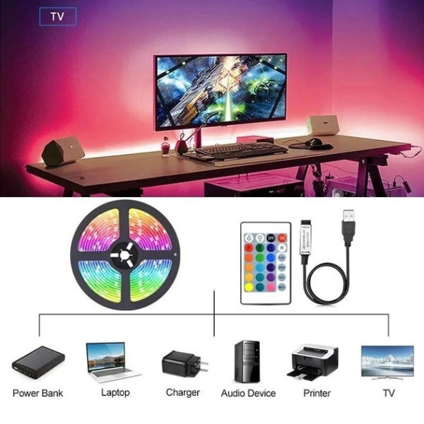 Светодиодная лента RGB 5050 длиной 2 м с пультом управления для фоновой подсветки самоклеящаяся