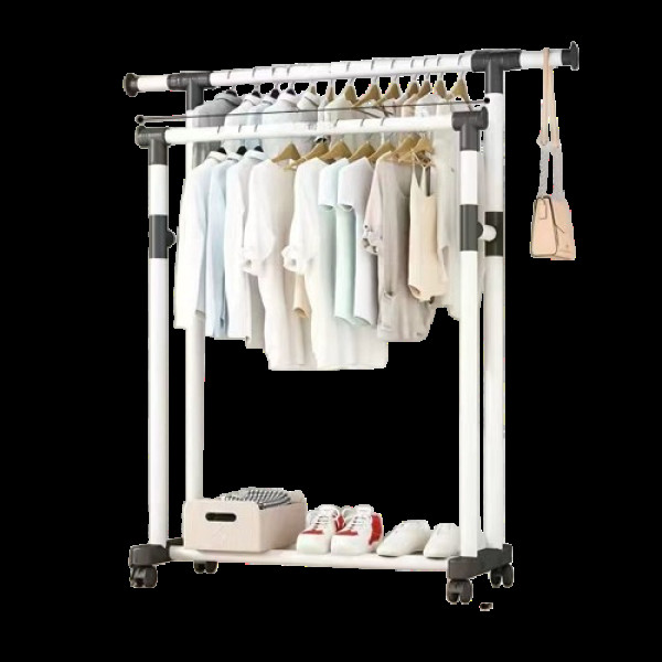 Телескопическая двойная напольная вешалка для одежды Double Pole на колёсах белая
