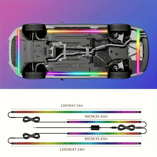 Подсветка днища автомобиля LED RGB с Bluetooth, комплект из двух лент длиной 90 см и 120 см, 12V
