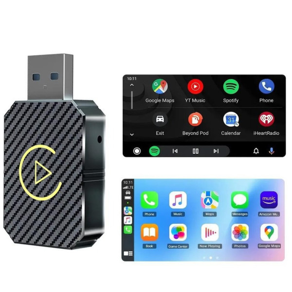 Беспроводной автомобильный адаптер для CarPlay и Android Auto с USB и Bluetooth, черный