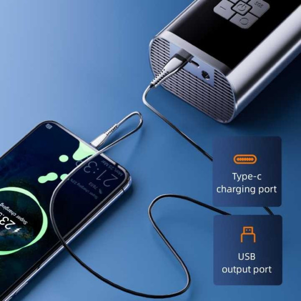 Портативный аккумуляторный автомобильный однопоршневой компрессор с LED-дисплеем, фонариком и Power Bank 6000m