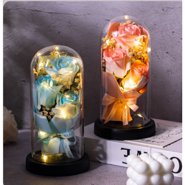 Декоративный букет из мыла с 3 розами в колбе и LED подсветкой KR-04
