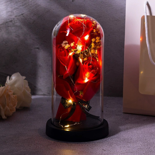 Декоративный букет из мыла с 3 розами в колбе и LED подсветкой KR-04
