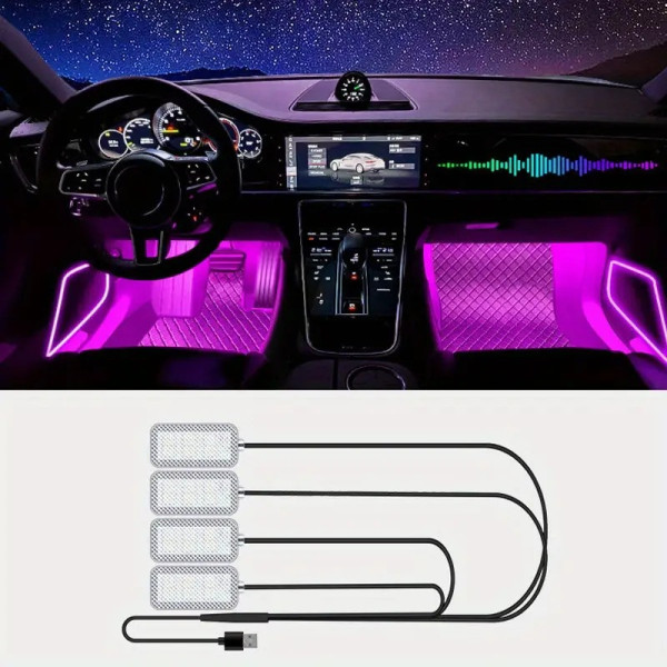 LED подсветка ног в салон автомобиля с RGB подсветкой, 4 шт., USB, управление через Bluetooth и приложение
