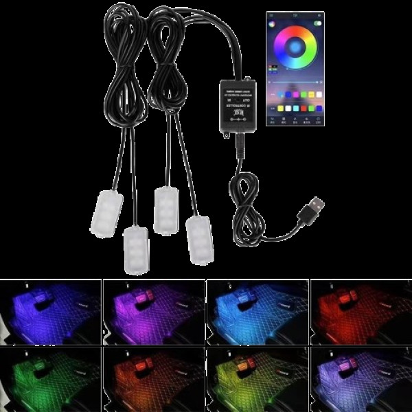 LED подсветка ног в салон автомобиля с RGB подсветкой, 4 шт., USB, управление через Bluetooth и приложение