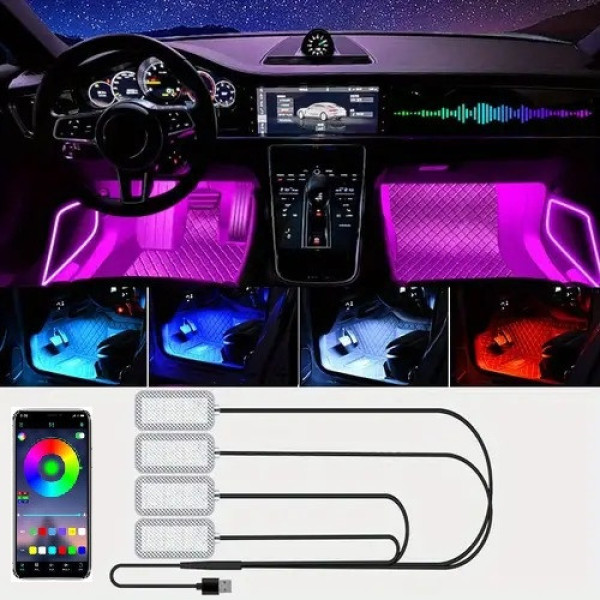 LED подсветка ног в салон автомобиля с RGB подсветкой, 4 шт., USB, управление через Bluetooth и приложение