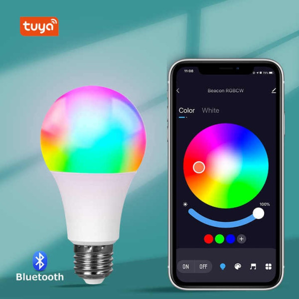 Умная светодиодная лампочка Tuya E27 LED Bluetooth с RGB и белым светом