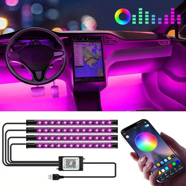 Светодиодная RGB лента для авто с управлением через приложение APP, 16 млн цветов для салона