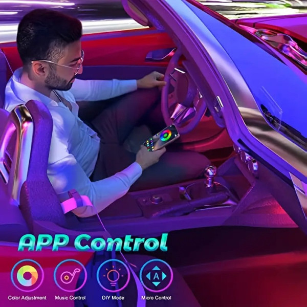 Светодиодная RGB лента для авто с управлением через приложение APP, 16 млн цветов для салона