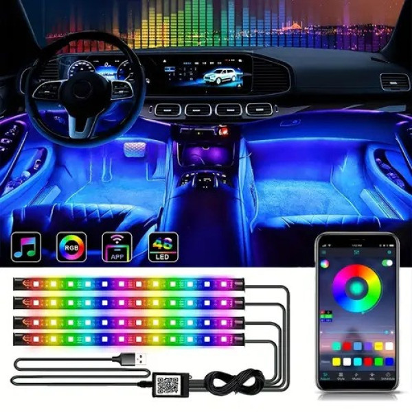 Светодиодная RGB лента для авто с управлением через приложение APP, 16 млн цветов для салона