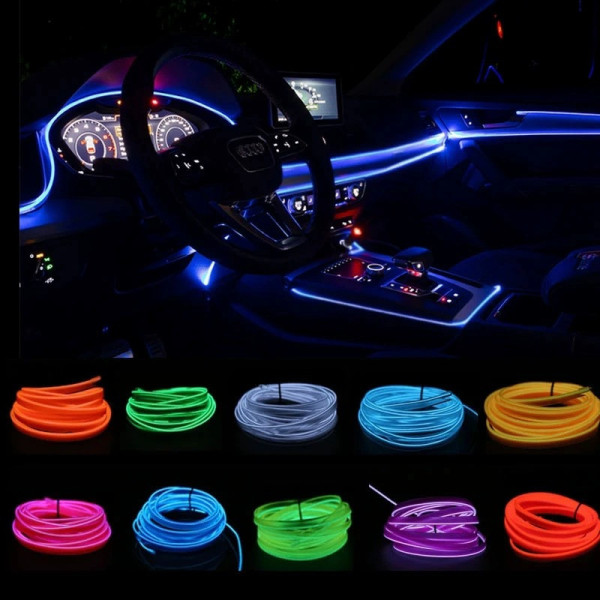 Гибкий RGB неоновый светильник для подсветки салона и торпеды автомобиля 5 м с USB и 7 цветами