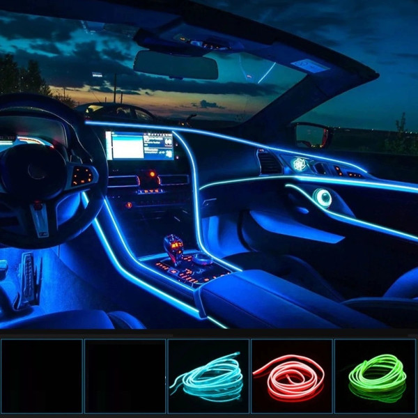 Гибкий RGB неоновый светильник для подсветки салона и торпеды автомобиля 5 м с USB и 7 цветами
