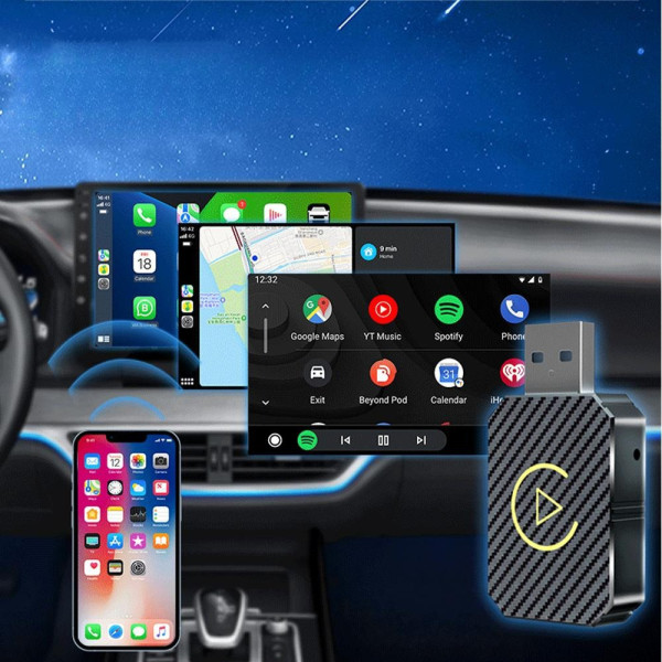Беспроводной автомобильный адаптер для CarPlay и Android Auto с USB и Bluetooth, черный