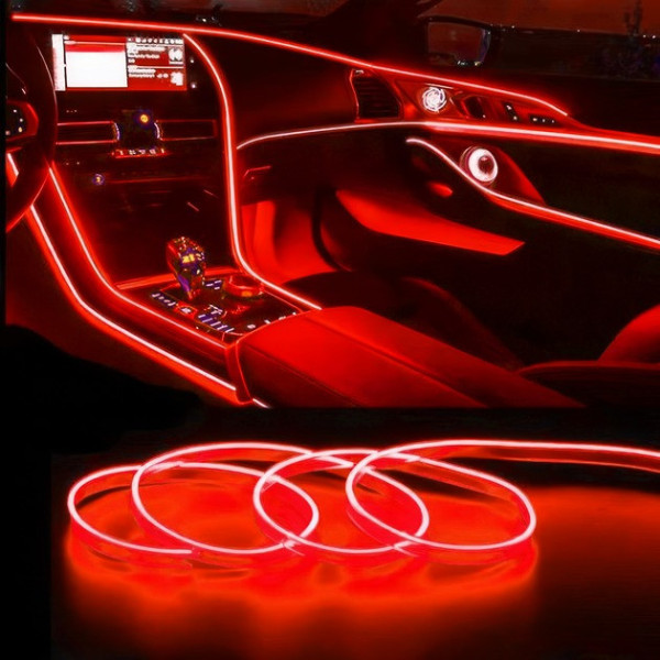 Гибкая неоновая подсветка салона авто 5 м с USB-кантом, красное холодное свечение