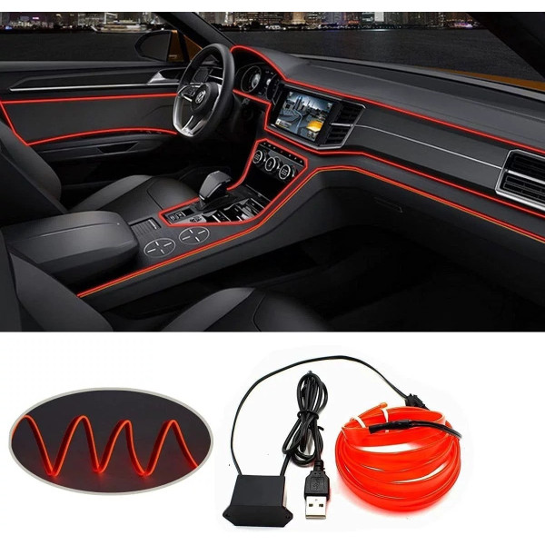 Гибкая неоновая подсветка салона авто 5 м с USB-кантом, красное холодное свечение