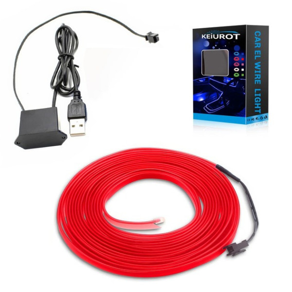 Гибкая неоновая подсветка салона авто 5 м с USB-кантом, красное холодное свечение
