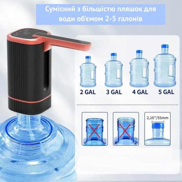 Електричний акумуляторний насос-диспенсер для води BRS 1200 мА·год з USB Type-C зарядкою для пляшок 5/10/19 л