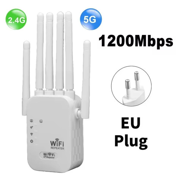 Двухдиапазонный Wi-Fi повторитель сигнала 2.4/5 ГГц с 6 антеннами, скорость до 1200 Мбит/с, RJ45, питание от с
