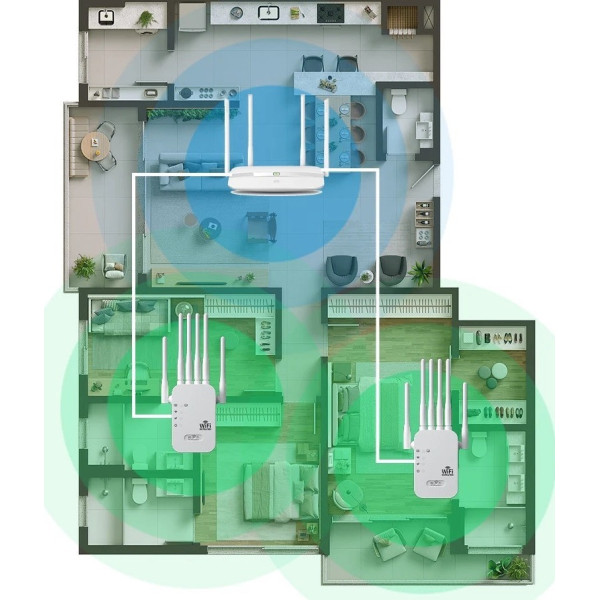 Дводіапазонний Wi-Fi репітер 2.4/5 ГГц, швидкість до 1200 Мбіт/с, 6 антен, RJ45, режим повторювача