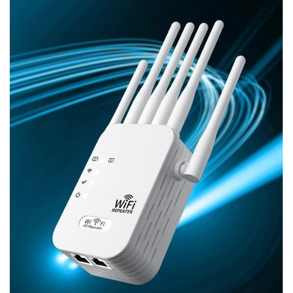 Двухдиапазонный Wi-Fi повторитель сигнала 2.4/5 ГГц с 6 антеннами, скорость до 1200 Мбит/с, RJ45, питание от с