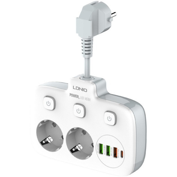 Мережевой фильтр-удлинитель LDNIO SE2435 с 2 розетками, 3 USB и 1 Type-C QC/PD, 2500 Вт, с защитой и выключате