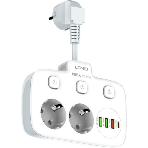 Мережевий фільтр-подовжувач LDNIO SE2435, 2500 Вт, 2 розетки, 3 USB, 1 Type-C QC/PD, захист і вимикачі