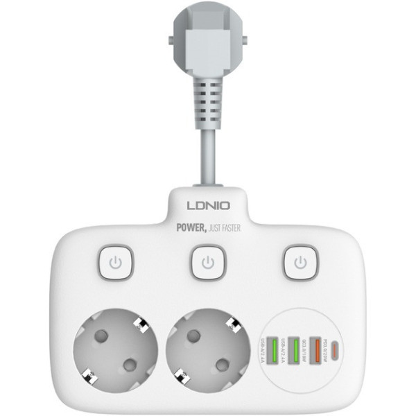 Мережевий фільтр-подовжувач LDNIO SE2435, 2500 Вт, 2 розетки, 3 USB, 1 Type-C QC/PD, захист і вимикачі