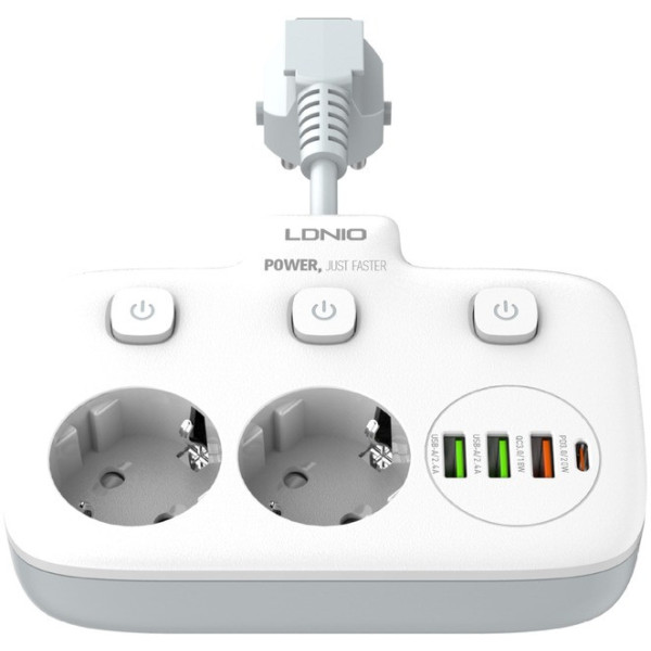 Мережевий фільтр-подовжувач LDNIO SE2435, 2500 Вт, 2 розетки, 3 USB, 1 Type-C QC/PD, захист і вимикачі