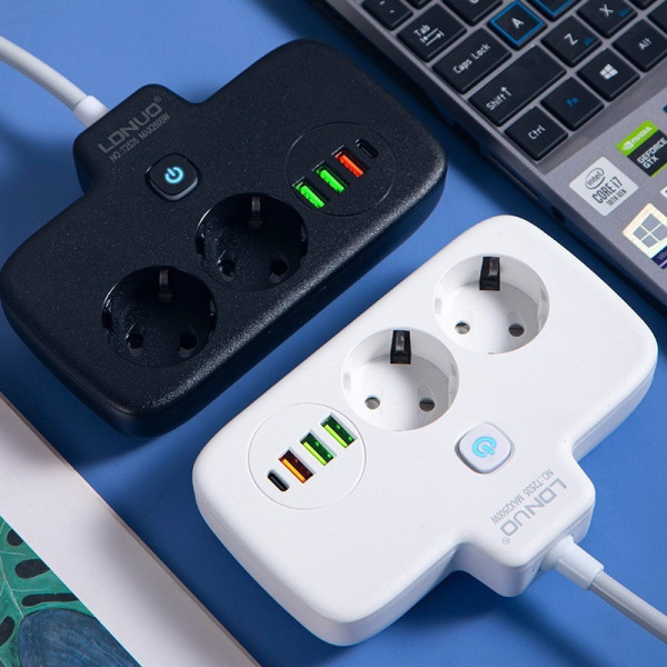 Мережевой фильтр-удлинитель LDNIO SE2435 с 2 розетками, 3 USB и 1 Type-C QC/PD, 2500 Вт, с защитой и выключате