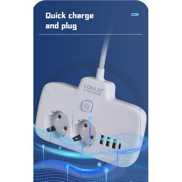 Мережевий фільтр-подовжувач LDNIO SE2435, 2500 Вт, 2 розетки, 3 USB, 1 Type-C QC/PD, захист і вимикачі