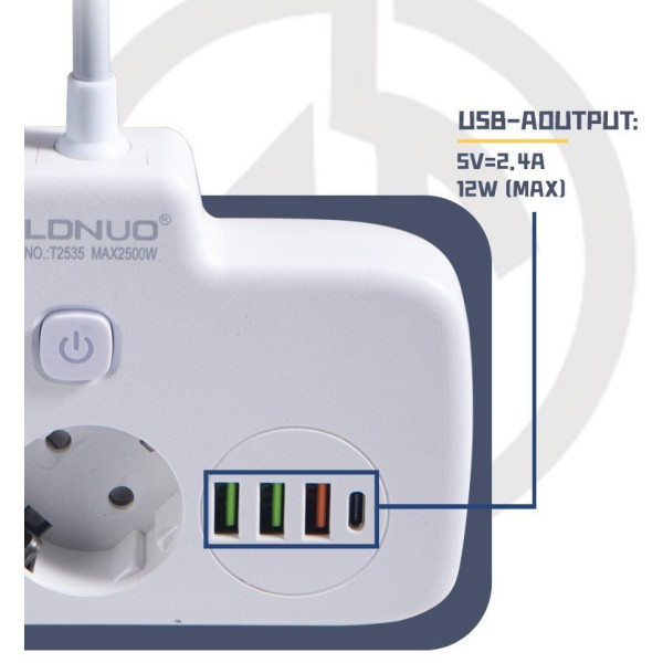Мережевий фільтр-подовжувач LDNIO SE2435, 2500 Вт, 2 розетки, 3 USB, 1 Type-C QC/PD, захист і вимикачі