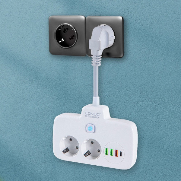 Мережевой фильтр-удлинитель LDNIO SE2435 с 2 розетками, 3 USB и 1 Type-C QC/PD, 2500 Вт, с защитой и выключате
