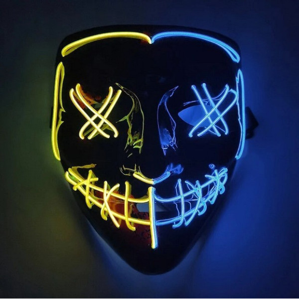 Маска Patriot «Судна ніч» з неоновою LED-підсвіткою, жовто-синя, 3 режими світіння для вечірок і Гелловін