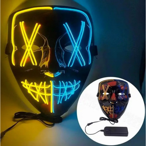 Маска Patriot «Судна ніч» з неоновою LED-підсвіткою, жовто-синя, 3 режими світіння для вечірок і Гелловін