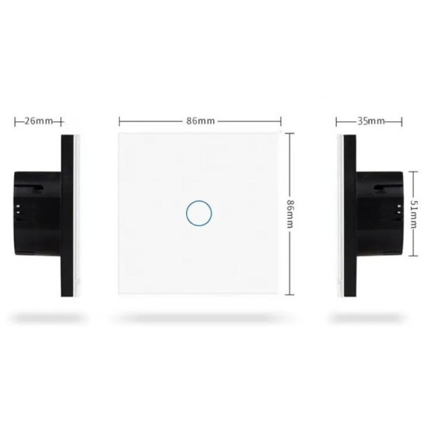 Розумний сенсорний вимикач світла 1 канал, без нейтралі, скло з LED-індикацією білий
