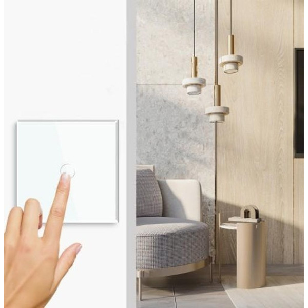 Розумний сенсорний вимикач світла 1 канал, без нейтралі, скло з LED-індикацією білий