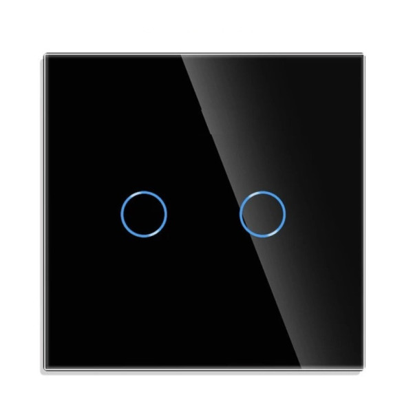 Двоканальний розумний сенсорний вимикач чорний, без нульового проводу, скло + вогнестійкий пластик