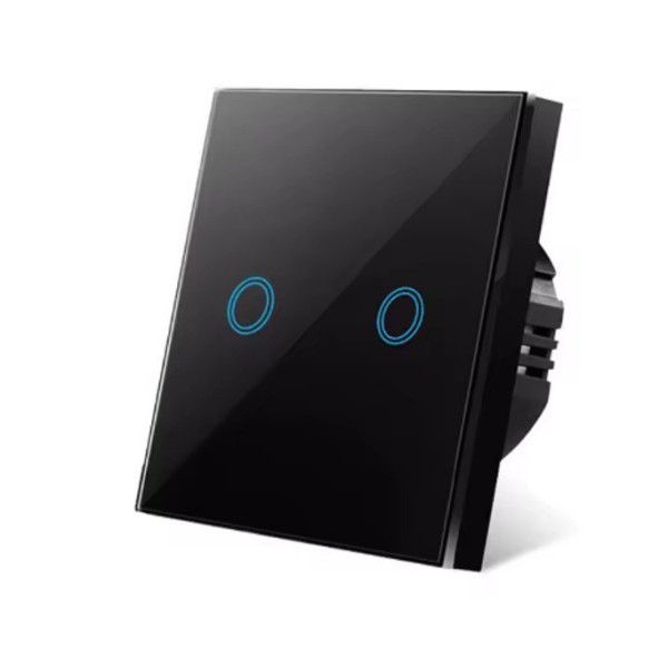 Двоканальний розумний сенсорний вимикач чорний, без нульового проводу, скло + вогнестійкий пластик
