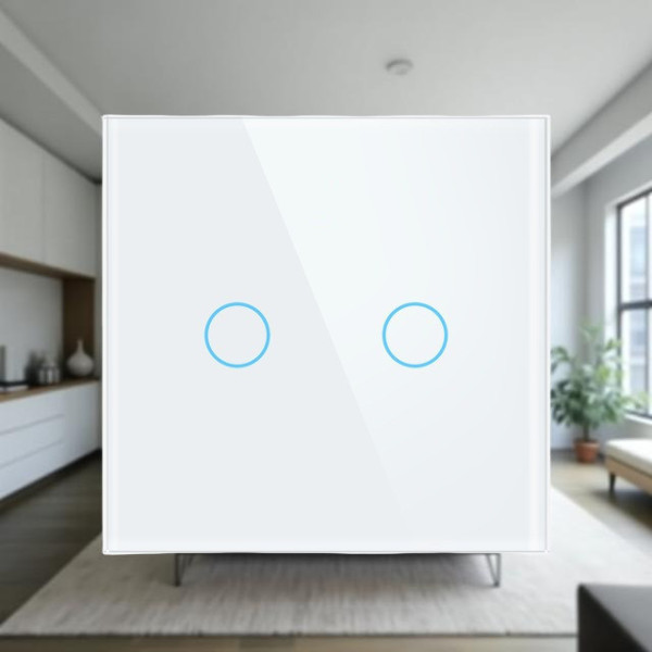 Двоканальний розумний сенсорний вимикач, без нульового дроту, скло + вогнестійкий пластик білий