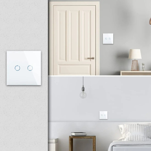 Двоканальний розумний сенсорний вимикач, без нульового дроту, скло + вогнестійкий пластик білий