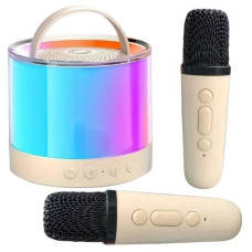 Портативна Bluetooth-колонка K52 з 2 караоке мікрофонами, бежевий колір, RGB-підсвітка, акумулятор до 12 годин